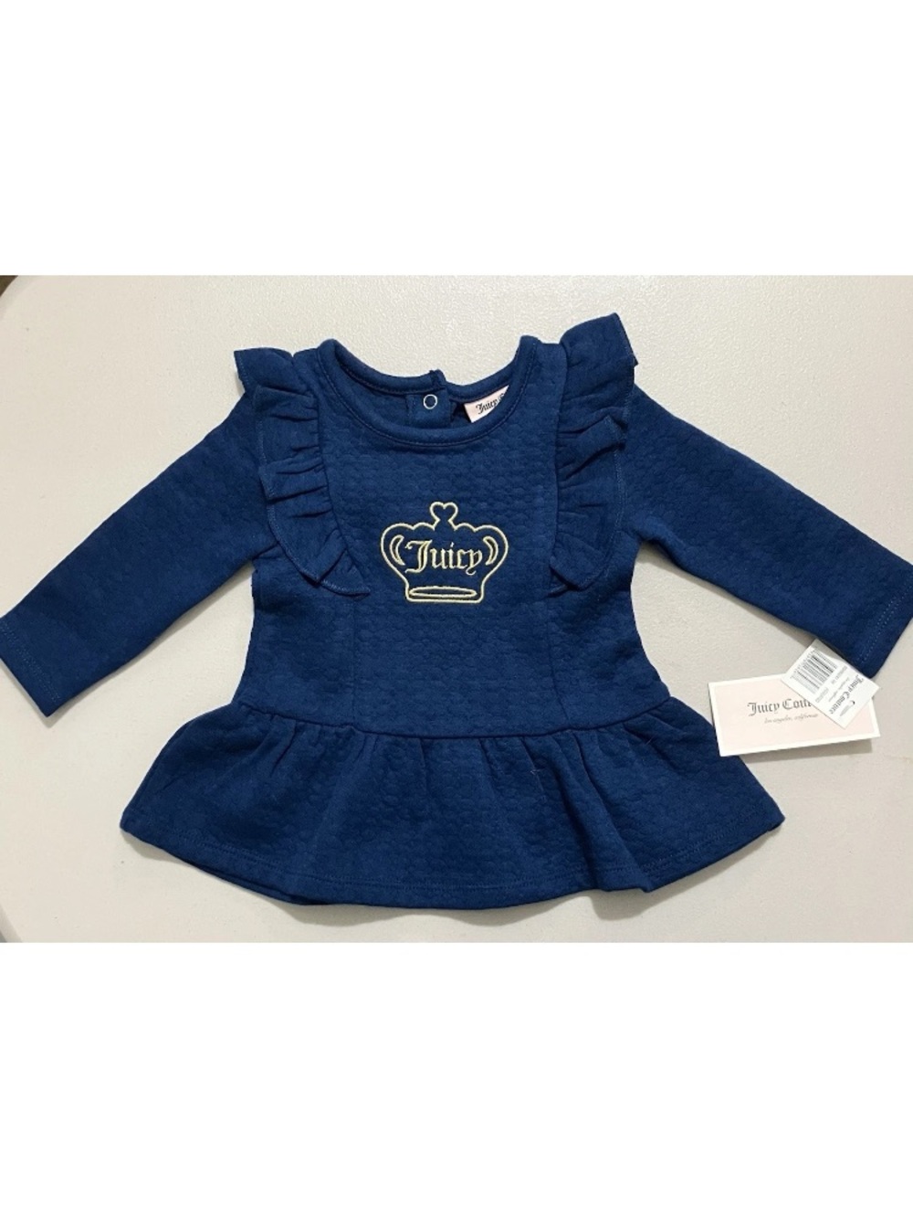 Juicy Couture Navy Ruffle Peplum Sweatshirt with Gold Crown Logo